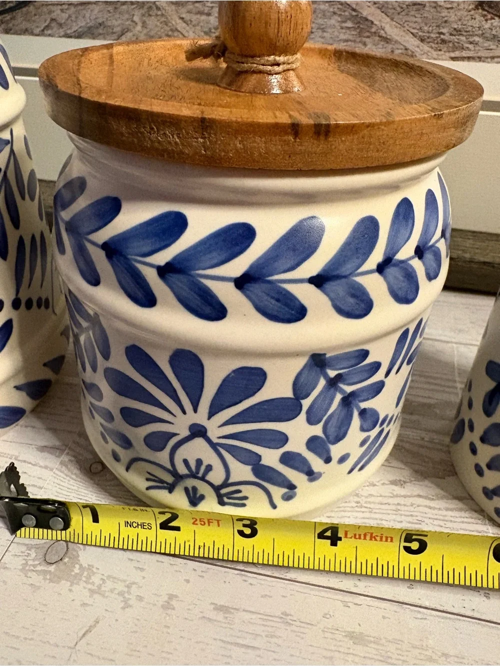 Blue Floral Ceramic Canister set with Wood Lid - White and Blue